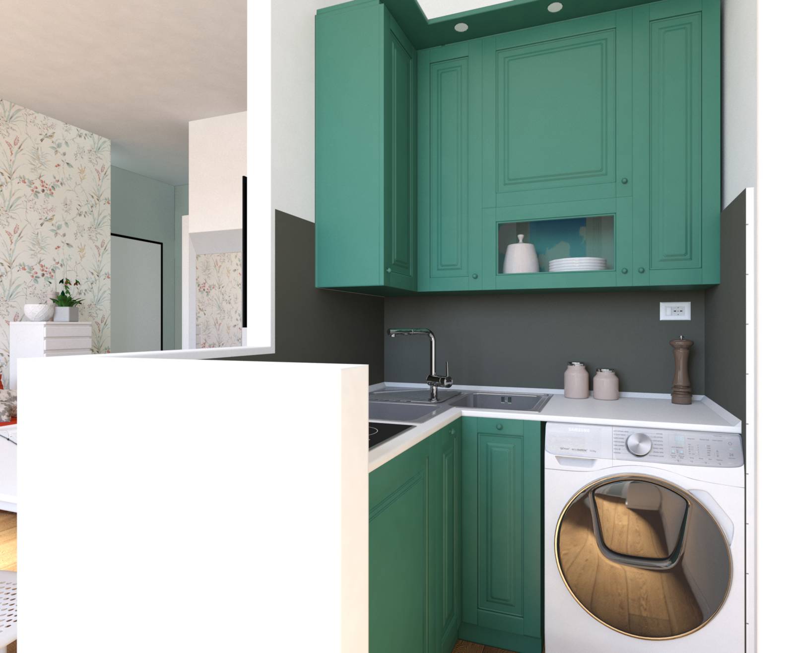 Cucina ad angolo ridipinta in un vivace verde
