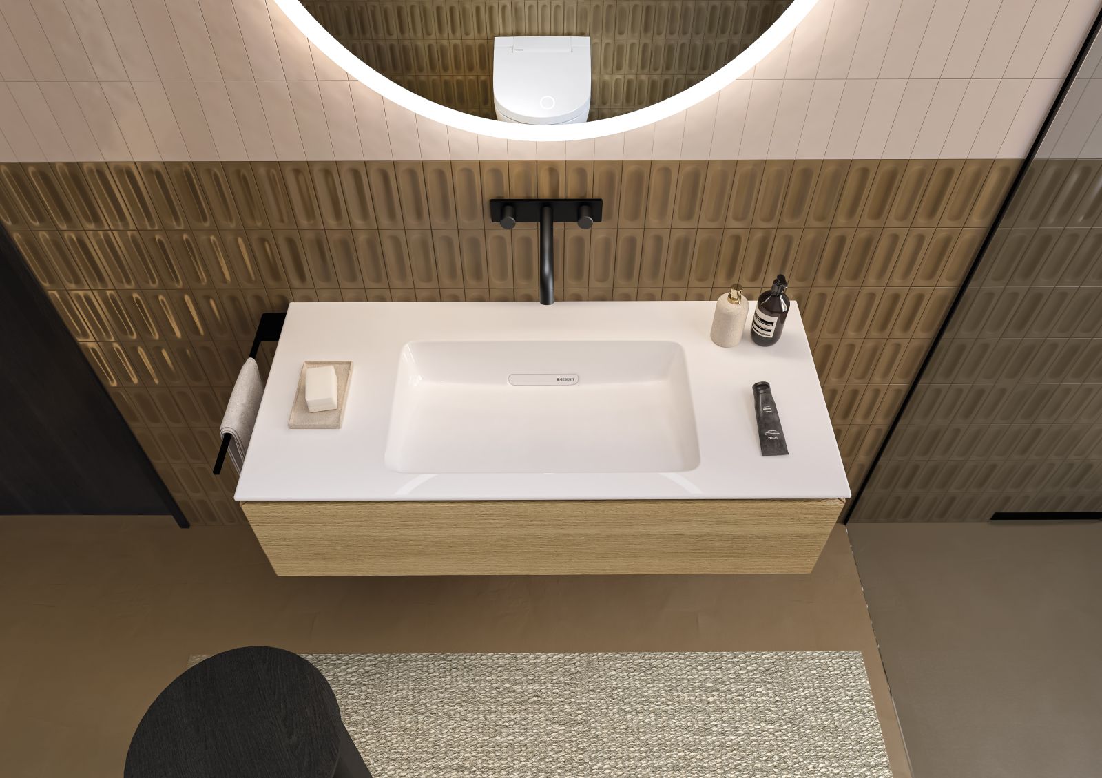 Ha design squadrato il miscelatore per lavabo a due manopole Geberit ONE per montaggio a parete. Il miscelatore a due manopole separa la regolazione di temperatura e portata. La finitura nero opaco è facile da pulire. Misura L 22 x P 20,4 x H 4,7 cm. Prezzo 1.154 euro. www.geberit.it Ha design squadrato il miscelatore per lavabo a due manopole Geberit ONE per montaggio a parete. Il miscelatore a due manopole separa la regolazione di temperatura e portata. La finitura nero opaco è facile da pulire. Misura L 22 x P 20,4 x H 4,7 cm. Prezzo 1.154 euro. www.geberit.it