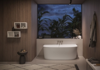 La vasca Iconik 05 di Kinedo è installata a ridosso della parete ma visibile su tre lati. Realizzata in Mineral Composite (composito di minerali naturali e resina), ha un volume di 310 litri. È disponibile nei colori Bianco Matt, Bianco Lucido, Colore Speciale RAL Esterno/Interno Bianco Lucido, Colore Speciale RAL Esterno/Interno Bianco Matt, Colore Speciale Full Color. Misura L 158 x P 86 x H 58 cm. Prezzo della versione Bianco Lucido, IVA esclusa, 2.900 euro. www.kinedo.it