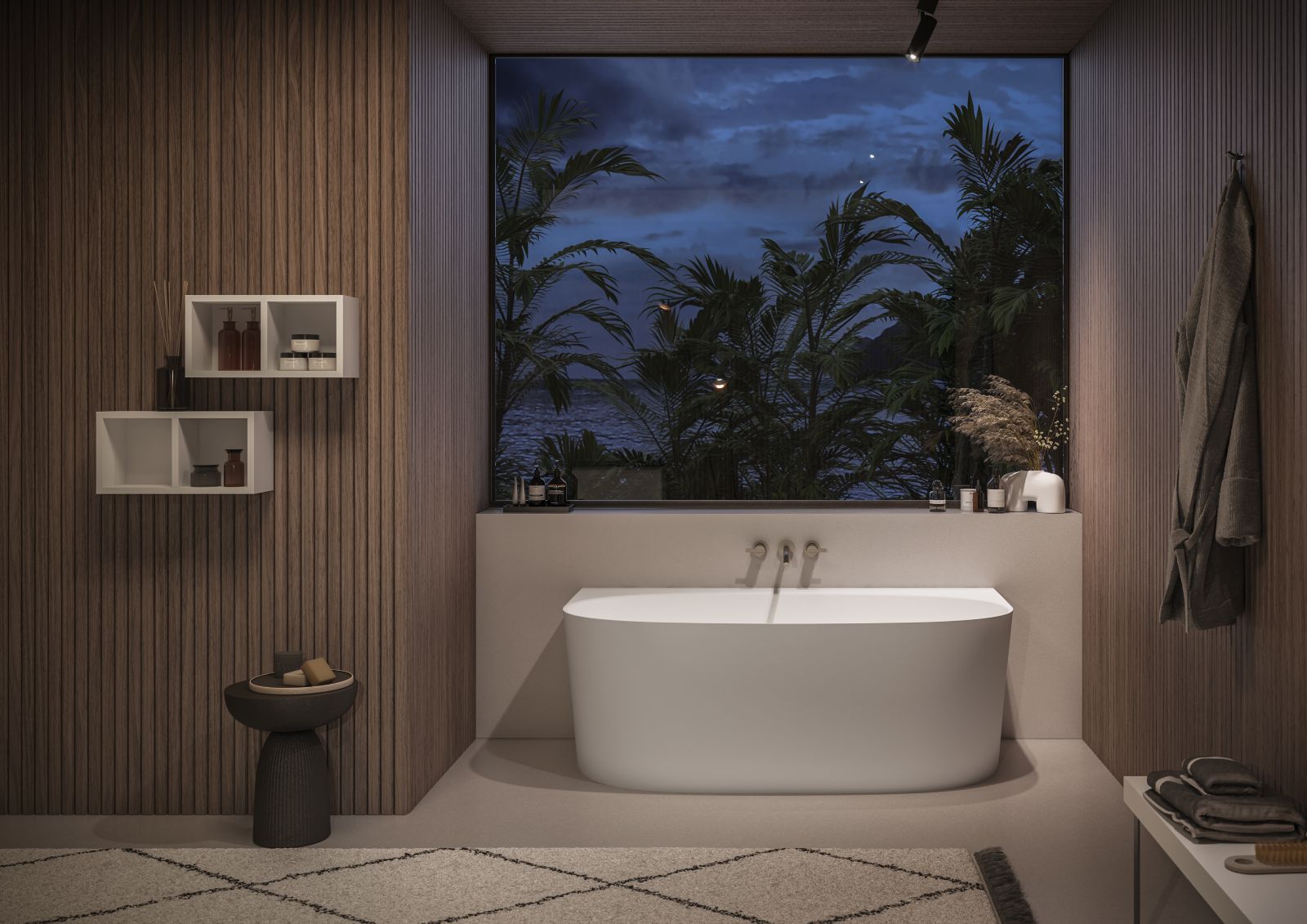 La vasca Iconik 05 di Kinedo è installata a ridosso della parete ma visibile su tre lati. Realizzata in Mineral Composite (composito di minerali naturali e resina), ha un volume di 310 litri. È disponibile nei colori Bianco Matt, Bianco Lucido, Colore Speciale RAL Esterno/Interno Bianco Lucido, Colore Speciale RAL Esterno/Interno Bianco Matt, Colore Speciale Full Color. Misura L 158 x P 86 x H 58 cm. Prezzo della versione Bianco Lucido, IVA esclusa, 2.900 euro. www.kinedo.it