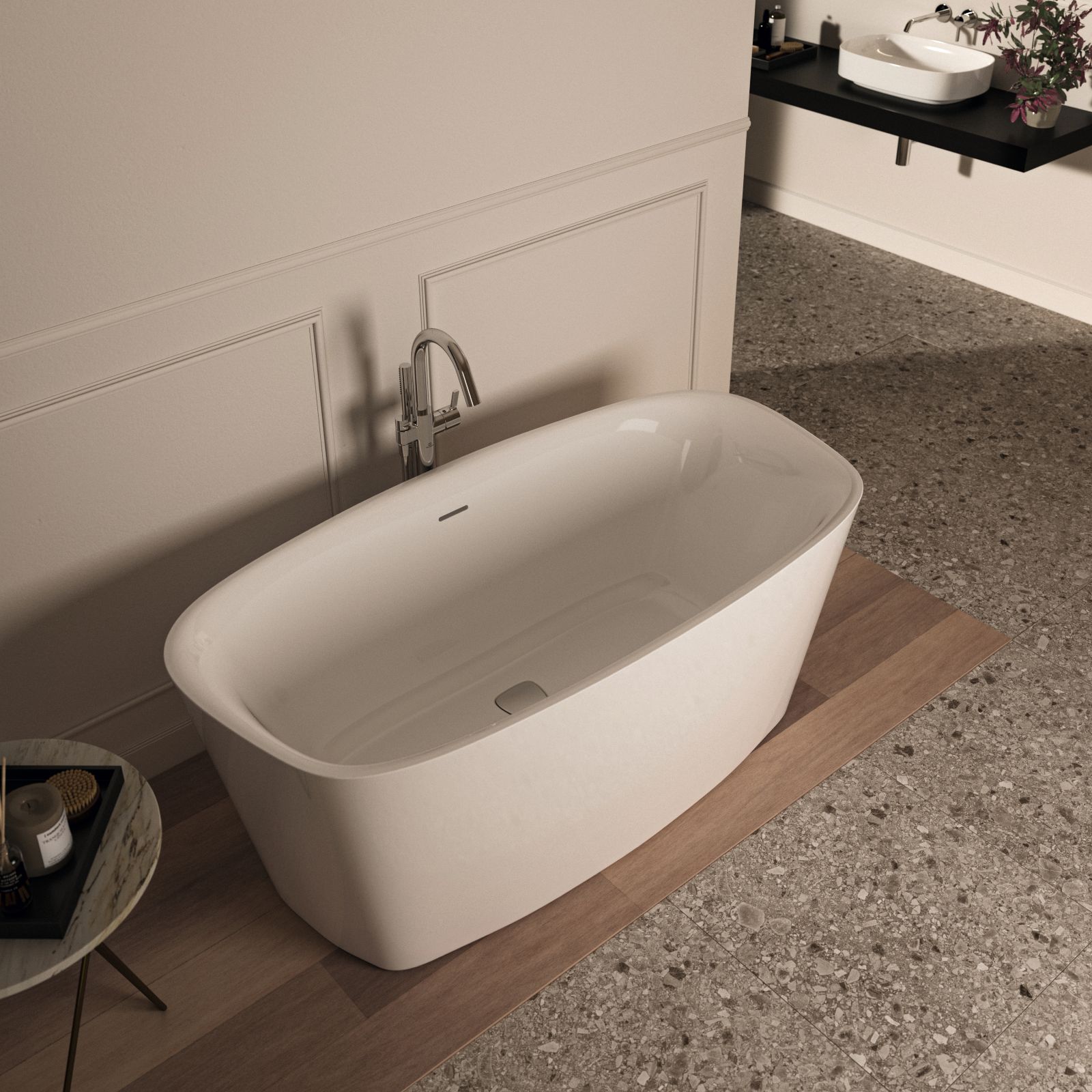 La vasca ovale freestanding Dea di Ideal Standard ha finitura bianco lucido. Senza foro rubinetteria, è dotata di troppopieno. È realizzata in materiale acrilico e ha una portata di 170 litri. Misura L 150 x P 75 x H 61 cm. Prezzo, Iva esclusa, 2.368,50 euro. www.idealstandard.it La vasca ovale freestanding Dea di Ideal Standard ha finitura bianco lucido. Senza foro rubinetteria, è dotata di troppopieno. È realizzata in materiale acrilico e ha una portata di 170 litri. Misura L 150 x P 75 x H 61 cm. Prezzo, Iva esclusa, 2.368,50 euro. www.idealstandard.it