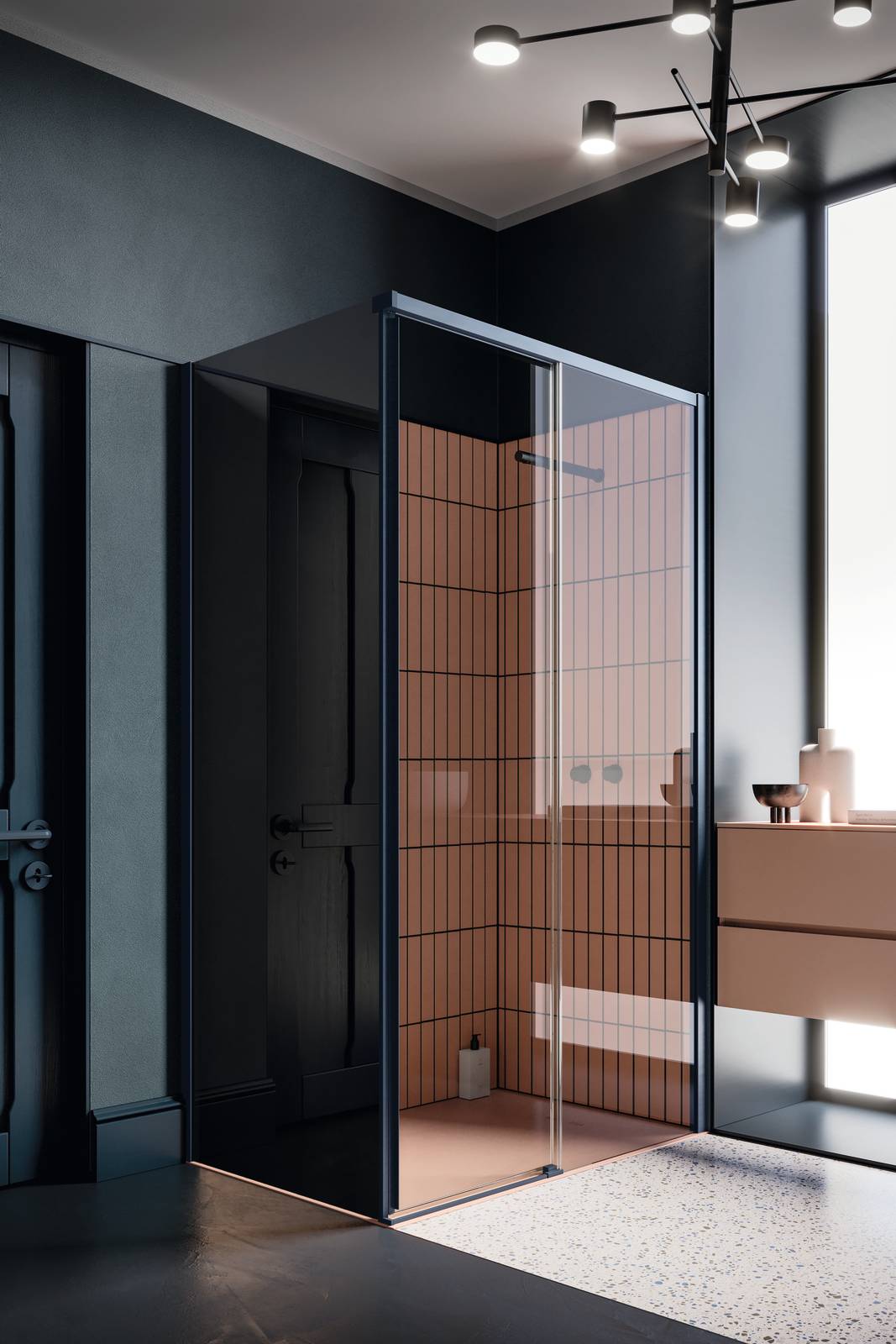 Box doccia VENTO della linea Ibra Showers con configurazione ad angolo con porta scorrevole, vetro fisso in linea e vetro laterale; tutti da 8 mm. Profili e dettagli in finitura Blu Lapponia; vetro trasparente per la porta e il fisso in linea, vetro specchio cromo per il pannello laterale. In abbinamento, piatto doccia Synthesis in Tekorstone Tan Pink L 120 x P 80 cm.