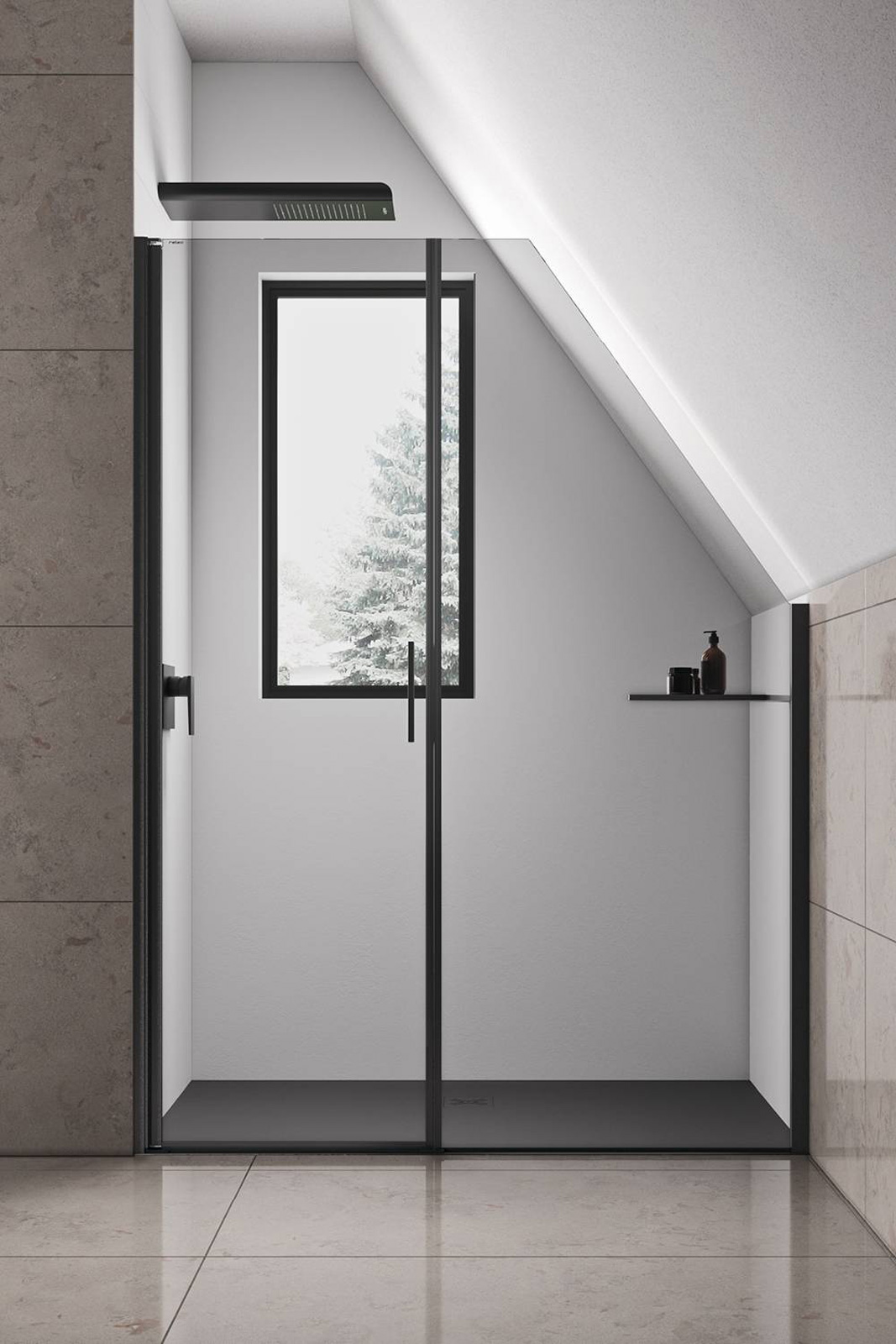 Box doccia sottotetto con soluzione Oblique, Wall PL di Relax. Box doccia sottotetto con soluzione Oblique, Wall PL di Relax.