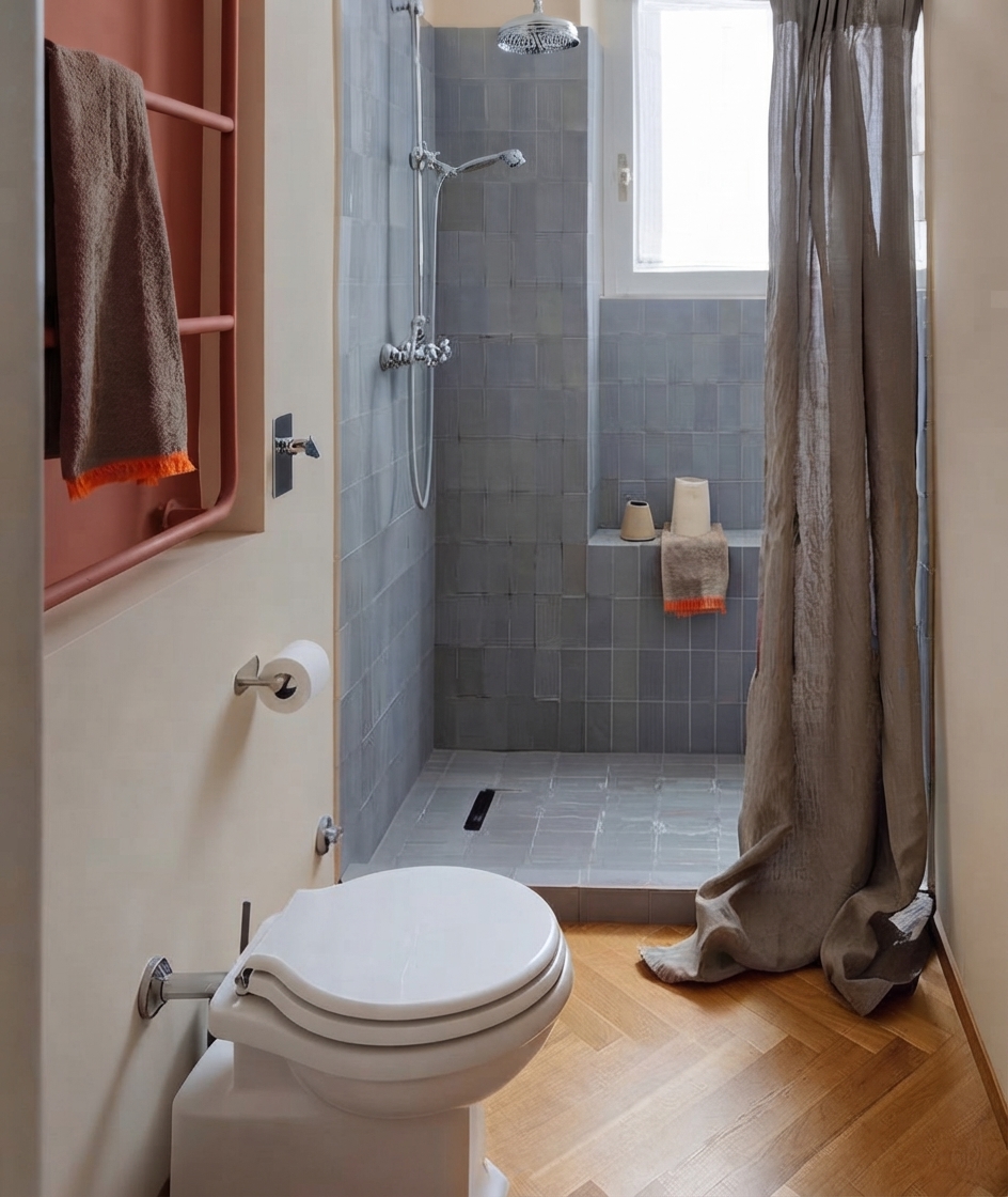 Un tendaggio in lino grezzo, color canapa, doppiato all’interno per renderlo impermeabile, è stato scelto appositamente con una misura extra long per creare uno strascico sul pavimento in parquet: in questo modo il bagno è più arredato, quasi come una sala.