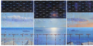 Giuseppe Modica, Navi da guerra in transito, 2022, trittico, olio su tela, cm 150×330