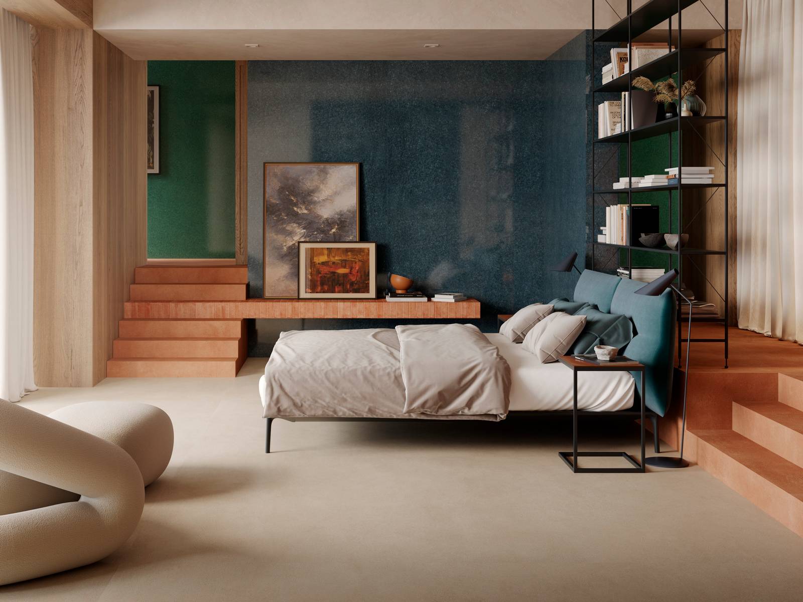 Parete rivestita con lastre ceramiche Grande Lume Cobalto nel formato 120x278 cm, la cui finitura lucida e profonda evoca la materia vetrosa artigianale. A pavimento trova spazio l’effetto materia di Grande Concrete Look Slow Calce 160x320 cm, mentre la scalinata è rivestita in Slow Cotto 120x120 cm. Completa la composizione la mensola con i piccoli formati Artcraft Cotto 5,3x30 cm, creando un sofisticato dialogo tra grandi superfici tecnologiche e suggestioni terrose. Parete rivestita con lastre ceramiche Grande Lume Cobalto nel formato 120x278 cm, la cui finitura lucida e profonda evoca la materia vetrosa artigianale. A pavimento trova spazio l’effetto materia di Grande Concrete Look Slow Calce 160x320 cm, mentre la scalinata è rivestita in Slow Cotto 120x120 cm. Completa la composizione la mensola con i piccoli formati Artcraft Cotto 5,3x30 cm, creando un sofisticato dialogo tra grandi superfici tecnologiche e suggestioni terrose.