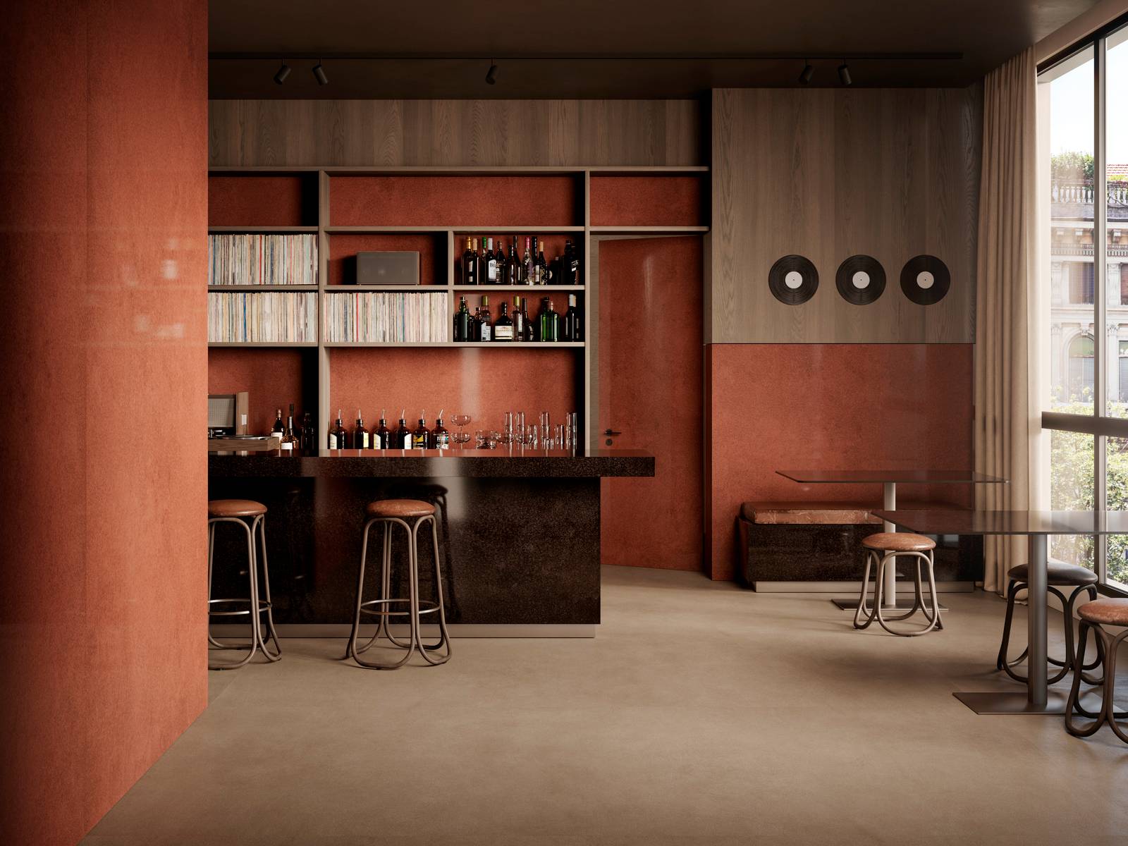 Parete scenografica rivestita in Grande Lume Magma 160x320 cm, le cui vibrazioni cromatiche si abbinano al top sartoriale in Grande Lume Ossidiana 162x324 cm. Il rigore contemporaneo del pavimento in Grande Concrete Look Slow Argilla 160x320 cm radica l'ambiente, scaldandolo con le sue tonalità neutre e la finitura opaca. Parete scenografica rivestita in Grande Lume Magma 160x320 cm, le cui vibrazioni cromatiche si abbinano al top sartoriale in Grande Lume Ossidiana 162x324 cm. Il rigore contemporaneo del pavimento in Grande Concrete Look Slow Argilla 160x320 cm radica l'ambiente, scaldandolo con le sue tonalità neutre e la finitura opaca.