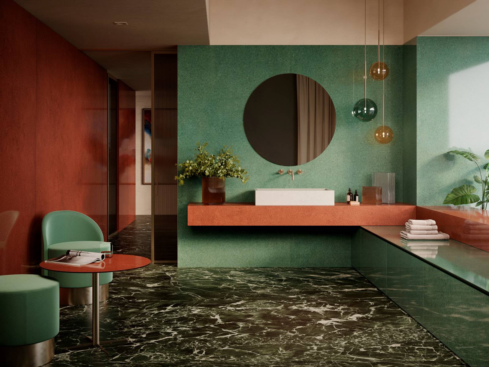 Parete d'impatto e piano realizzati con le maxi lastre Grande Lume nelle intense declinazioni Malachite e Magma (formati 160x320 cm a rivestimento e 162x324 cm per il piano integrato). La continuità visiva e il dinamismo cromatico delle grandi lastre effetto lucido sono bilanciati a pavimento dall’eleganza classica di Grande Marble Look Verde Aver 160x320 cm. Parete d'impatto e piano realizzati con le maxi lastre Grande Lume nelle intense declinazioni Malachite e Magma (formati 160x320 cm a rivestimento e 162x324 cm per il piano integrato). La continuità visiva e il dinamismo cromatico delle grandi lastre effetto lucido sono bilanciati a pavimento dall’eleganza classica di Grande Marble Look Verde Aver 160x320 cm.
