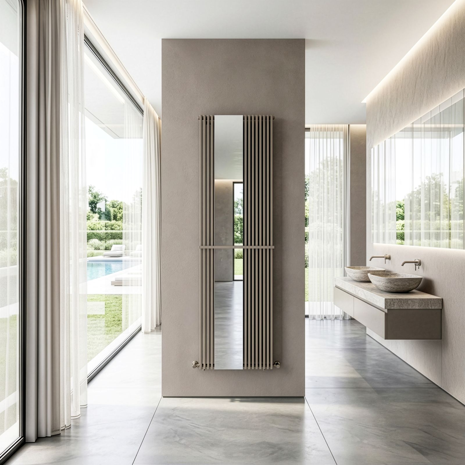 La nuova versione Mirror del radiatore Karin VX di Cordivari dal design minimal sarà presto disponibile sia nella versione verticale standard sia nella versione verticale Tandem, cioè con i corpi radianti disposti in doppia fila. L'integrazione di uno specchio arricchisce il radiatore di una nuova dimensione d'uso: in foto è installato in un ambiente bagno. Lo specchio può essere sistemato in posizione centrale oppure in configurazione decentrata. I collettori orizzontali sono in acciaio al carbonio verniciato ø 30 mm, mentre i corpi radianti verticali sono in acciaio al carbonio verniciato, di forma rettangolare e misurano 15 x 20 mm. Funziona ad acqua ed è disponibile in oltre 80 colori e in numerose dimensioni. www.cordivari.it – Cersaie 2026, Pad. 21, Stand A7/B6