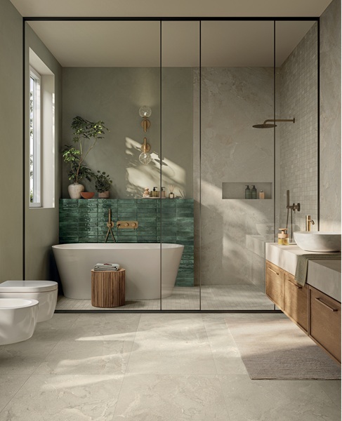 Effetto pietra per Revel di Panaria Ceramica nel colore Dune, disponibile anche nelle tonalità Bright, Ground e Night, tutti con finitura naturale. Il gres porcellanato laminato più sottile della collezione è in versione Zero.3, con spessore 6 mm nel formato 120 x 278 cm, adatto per rivestire sia pavimenti che pareti. La superficie è antibatterica grazie alla tecnologia Protect®. www.panaria.it Effetto pietra per Revel di Panaria Ceramica nel colore Dune, disponibile anche nelle tonalità Bright, Ground e Night, tutti con finitura naturale. Il gres porcellanato laminato più sottile della collezione è in versione Zero.3, con spessore 6 mm nel formato 120 x 278 cm, adatto per rivestire sia pavimenti che pareti. La superficie è antibatterica grazie alla tecnologia Protect®. www.panaria.it