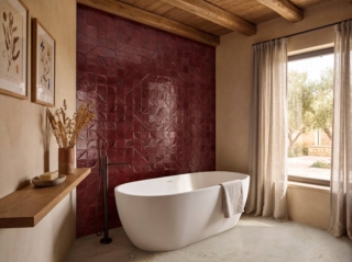 Wall Look Amaranto 10x10 cm & Look 3D Maki Amaranto 10x10 cmFloor Realstone_Rapolano Beige 60x120 cm Wall Look Amaranto 10x10 cm & Look 3D Maki Amaranto 10x10 cmFloor Realstone_Rapolano Beige 60x120 cm