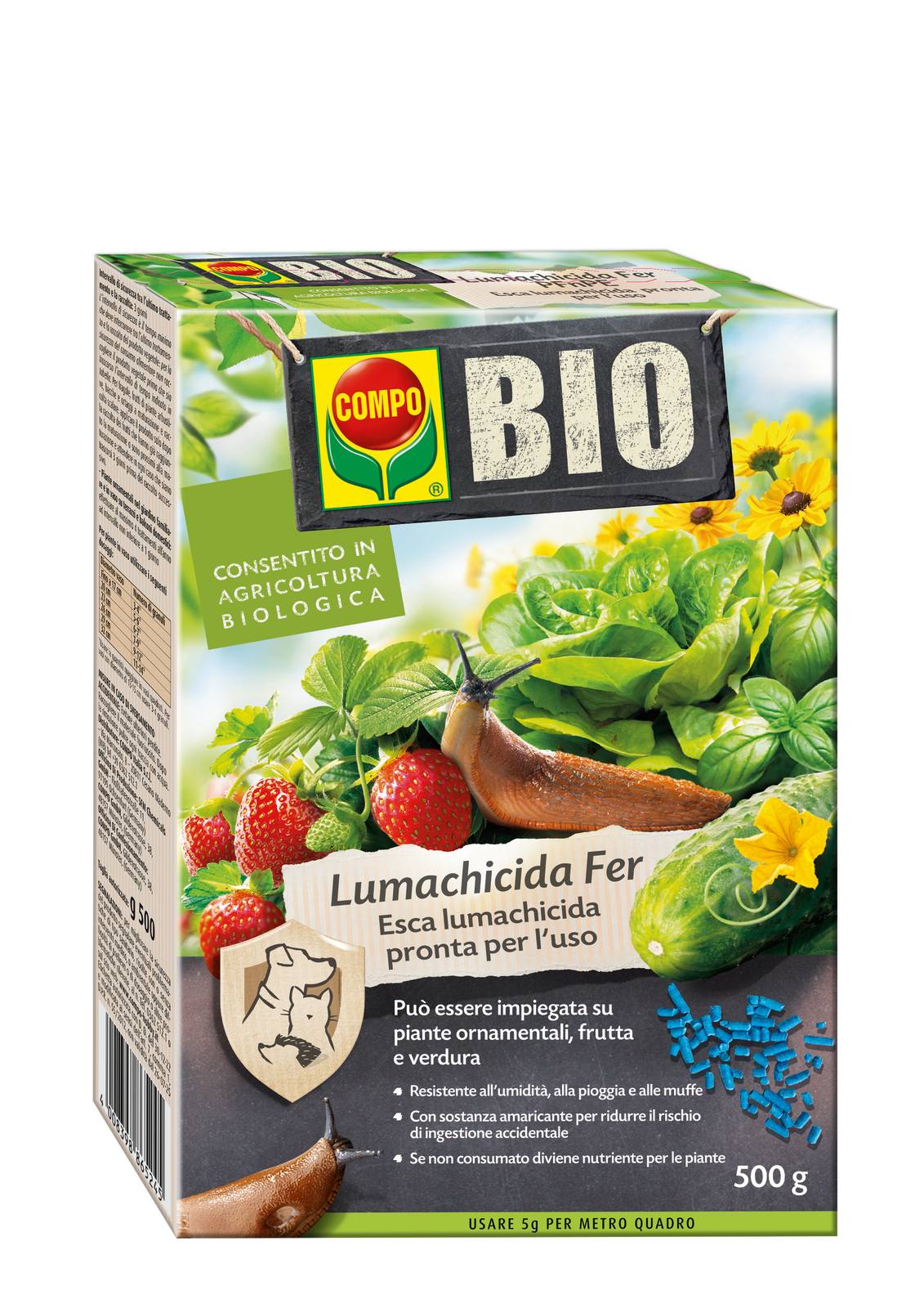 Bio Lumachicida Fer PFnPE
di COMPO, pronto all'uso in granuli, esaurito l'effetto si trasforma in nutrimento per le piante. Costa 8,40 euro. www.compo-hobby.it Bio Lumachicida Fer PFnPE
di COMPO, pronto all'uso in granuli, esaurito l'effetto si trasforma in nutrimento per le piante. Costa 8,40 euro. www.compo-hobby.it