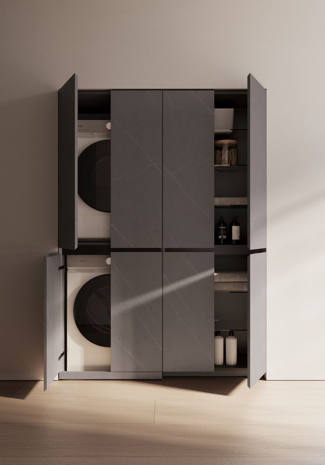 Si propone con inedite modularità e finiture la collezione di arredobagno Cubik di Ideagroup con nuovi elementi come il modulo con altezza 48,5 cm con gola centrale rispetto ai due cassetti, il modulo sospeso con altezza 60,5 cm, il modulo a terra con altezza 76 cm e le colonne a terra per lavatrice e asciugatrice (come in foto), in linea con le contemporanee tendenze per contenitori con maggiore capienza. www.ideagroup.it – Cersaie 2026, Pad 21, Stand A35 B30 + A39 B38