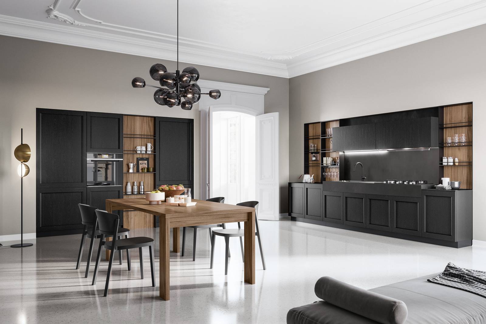 Frida di Arredo3 è la cucina che unisce lo stile contemporaneo ad un'impronta classica: le ante delle basi e delle colonne sono in laccato poro aperto nero, mentre il top con il lavello integrato è realizzato in Abitum Plutonio Black. Sulla boiserie in laminato noce America trova posto la struttura in alluminio anodizzato nero. https://www.arredo3.com Frida di Arredo3 è la cucina che unisce lo stile contemporaneo ad un'impronta classica: le ante delle basi e delle colonne sono in laccato poro aperto nero, mentre il top con il lavello integrato è realizzato in Abitum Plutonio Black. Sulla boiserie in laminato noce America trova posto la struttura in alluminio anodizzato nero. https://www.arredo3.com