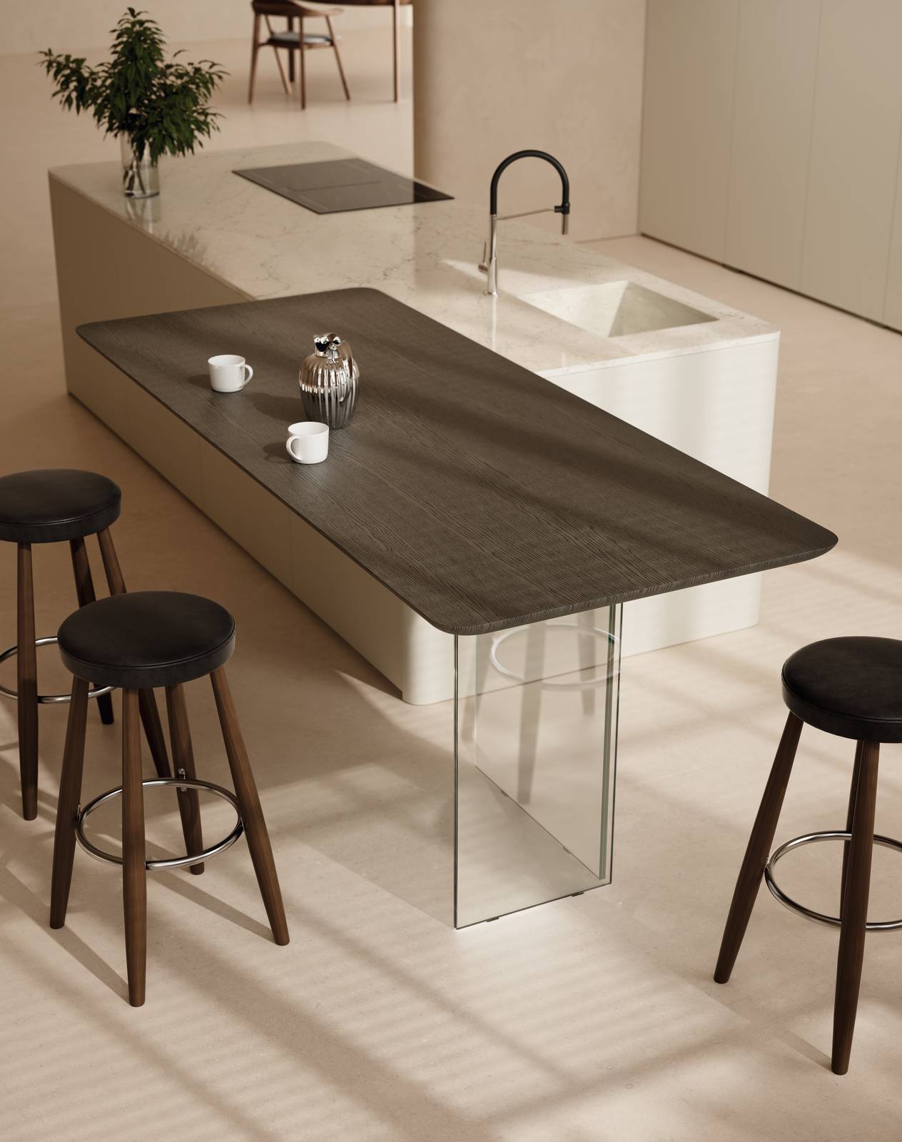 Stile contemporaneo per la cucina ONE di Ernestomeda che si sviluppa intorno all'isola centrale, dalla forma monolitica, dotata del tavolo snack Twist impiallacciato Rovere Cenere poggiante su un basamento in vetro extrachiaro trasparente e del piano stondato realizzato in WPS finitura Capriccio lucido in cui è perfettamente integrato il lavello squadrato. Le basi hanno le ante in laccato opaco Flat Matt Bianco Vaniglia all’impiallacciato Rovere Grigio Cenere, con superfici cannettate e profili stondati. Prezzo su richiesta. https://www.ernestomeda.com/ Stile contemporaneo per la cucina ONE di Ernestomeda che si sviluppa intorno all'isola centrale, dalla forma monolitica, dotata del tavolo snack Twist impiallacciato Rovere Cenere poggiante su un basamento in vetro extrachiaro trasparente e del piano stondato realizzato in WPS finitura Capriccio lucido in cui è perfettamente integrato il lavello squadrato. Le basi hanno le ante in laccato opaco Flat Matt Bianco Vaniglia all’impiallacciato Rovere Grigio Cenere, con superfici cannettate e profili stondati. Prezzo su richiesta. https://www.ernestomeda.com/