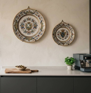 cucina moderna ed essenziale con piatti decorati a parete generata con Ai