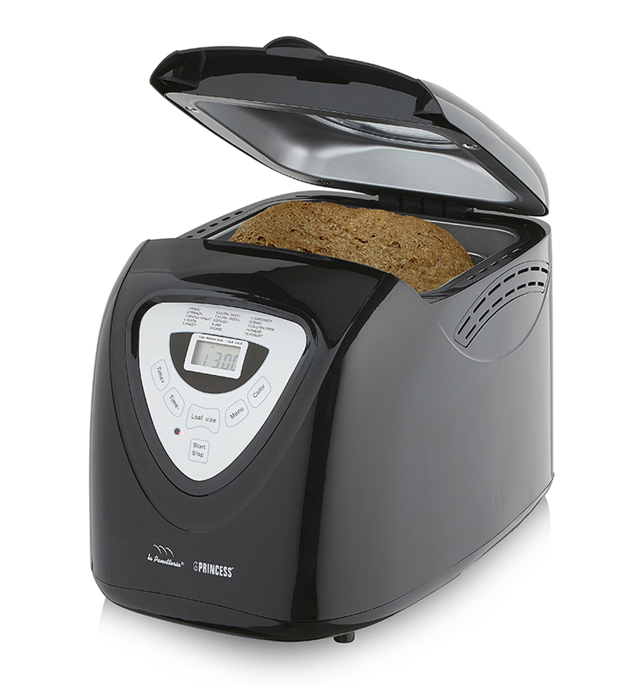Con 15 programmi e timer di 13 ore, nella Macchina per il Pane Black di Princess completamente automatica di Princess si può impostare il colore della crosta a chiaro, medio o scuro. Ha potenza di 500 watt e capacità variabile da 680 a 900 grammi per 8-14 fette di pane. Con rivestimento antiaderente, è fornita con misurino grande, misurino, gancio impastatore rimovibile, estrattore per il gancio impastatore. Misura L 41 x P 28 x H 30 cm. Prezzo 84,90 euro. www.princesshome.eu
