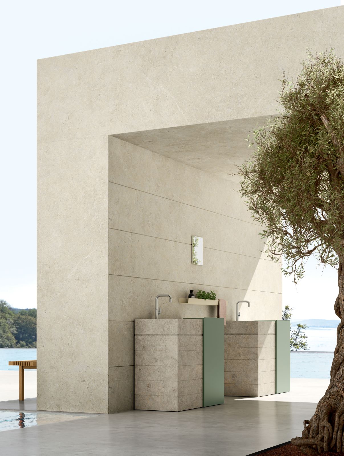 Il mobile lavabo da terra Secret per outdoor di Arcom si trasforma in un imponente monolite in gres con la possibilità di integrare un pratico cassettone a lato del mobile. È proposto in molte finiture materiche tra cui spicca l'eleganza scenografica dell’effetto marmo. www.arcombagno.com – Cersaie 2026, Pad. 22, Stand B41