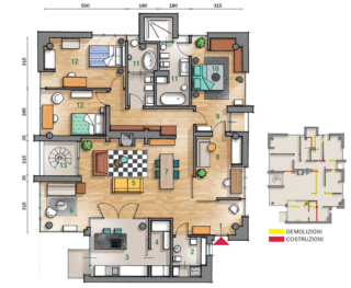 1 Ingresso
2 Bagno di servizio/lavanderia
3 Cucina
4 Locale dispensa
5 Soggiorno
6 Salottino
7 Zona pranzo
8 Studio
9 Disimpegno
10 Camera matrimoniale
11 Bagno
12 Camera
13 Scala al terrazzo