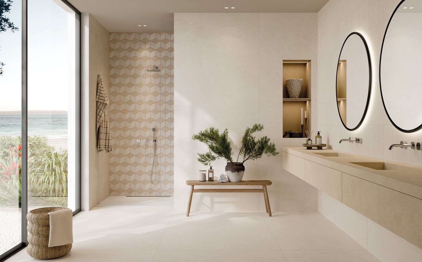 L’ambiente bagno in foto è realizzato con la collezione Grace di Ceramiche Keope in gres porcellanato effetto pietra che alterna nuance calde e fredde e propone il fascino del limestone di Saint Antoine d’Auberoche. A pavimento è stata usata la finitura Ivory nel formato 120 x 120 cm. Sulla parete lavabo spicca Docks, nella finitura Ivory, un motivo decorativo (30 x 60 cm) che alterna formati rettangolari differenti. Il lavabo è rivestito con Grace Beige, nel grande formato 120 x 278 cm. La parete doccia è realizzata con il Mosaico Rombi (30,5 x 35,2 cm), variante White Ivory, che crea un effetto ottico tridimensionale. www.keope.com – Cersaie 2026, Pad. 26, Stand A 212-B 213 L’ambiente bagno in foto è realizzato con la collezione Grace di Ceramiche Keope in gres porcellanato effetto pietra che alterna nuance calde e fredde e propone il fascino del limestone di Saint Antoine d’Auberoche. A pavimento è stata usata la finitura Ivory nel formato 120 x 120 cm. Sulla parete lavabo spicca Docks, nella finitura Ivory, un motivo decorativo (30 x 60 cm) che alterna formati rettangolari differenti. Il lavabo è rivestito con Grace Beige, nel grande formato 120 x 278 cm. La parete doccia è realizzata con il Mosaico Rombi (30,5 x 35,2 cm), variante White Ivory, che crea un effetto ottico tridimensionale. www.keope.com – Cersaie 2026, Pad. 26, Stand A 212-B 213