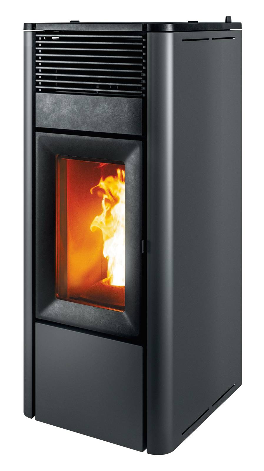 Stufa a pellet 10 kW canalizzata MCZ Teia in finitura Black: scarico fumi da 80 mm, con temperatura dei fumi in uscita di 127 °C.