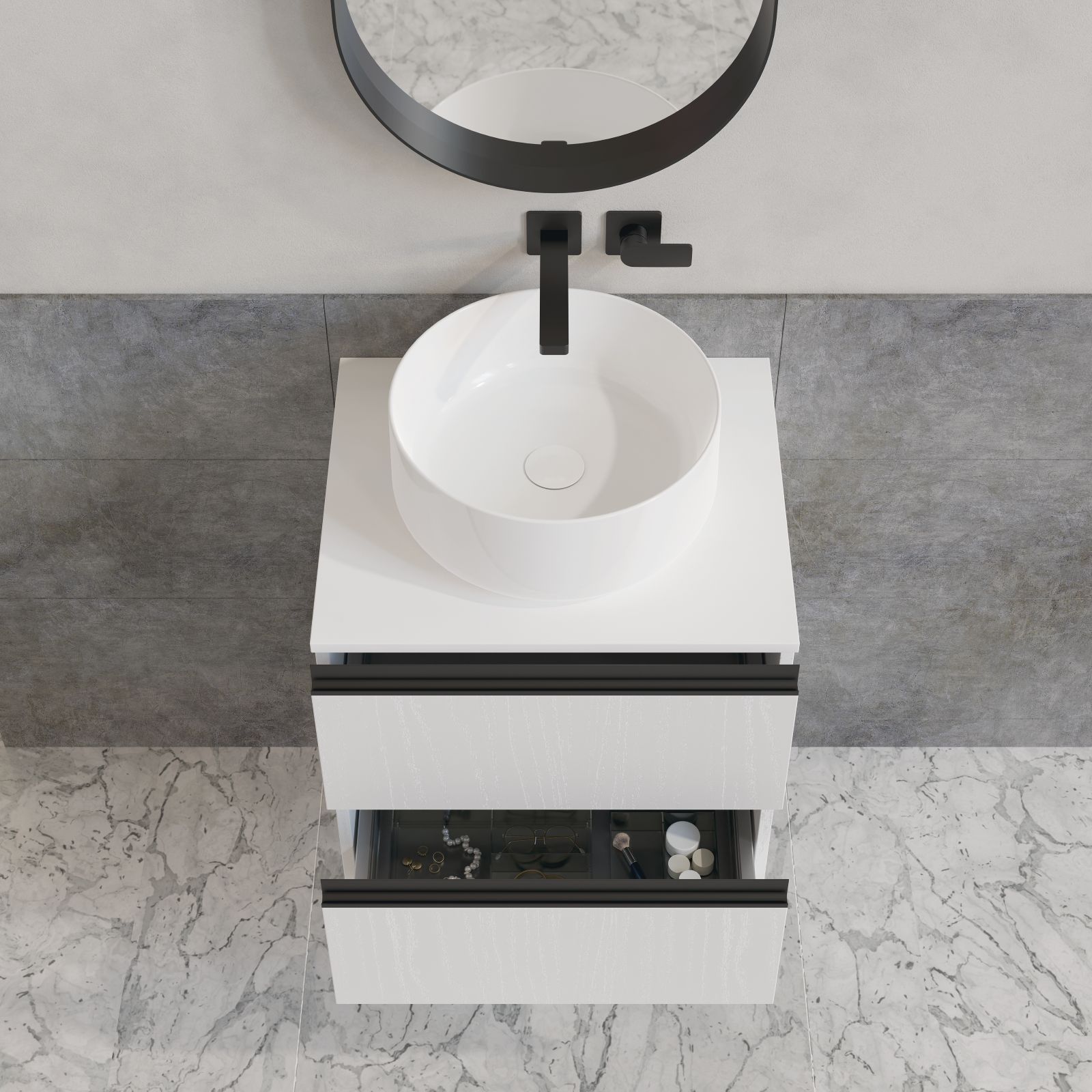Il lavabo in ceramica d’appoggio di Xilon bianco lucido poggia sulla base portalavabo LINEA 48. Ha bordo graduale con spessore che parte da 6 mm. Senza troppopieno è dotato di piletta click clack con tappo in ceramica bianco lucido. Misura Ø 40 x H 17 cm. Prezzo del solo lavabo con piletta 308 euro. www.xilon.it