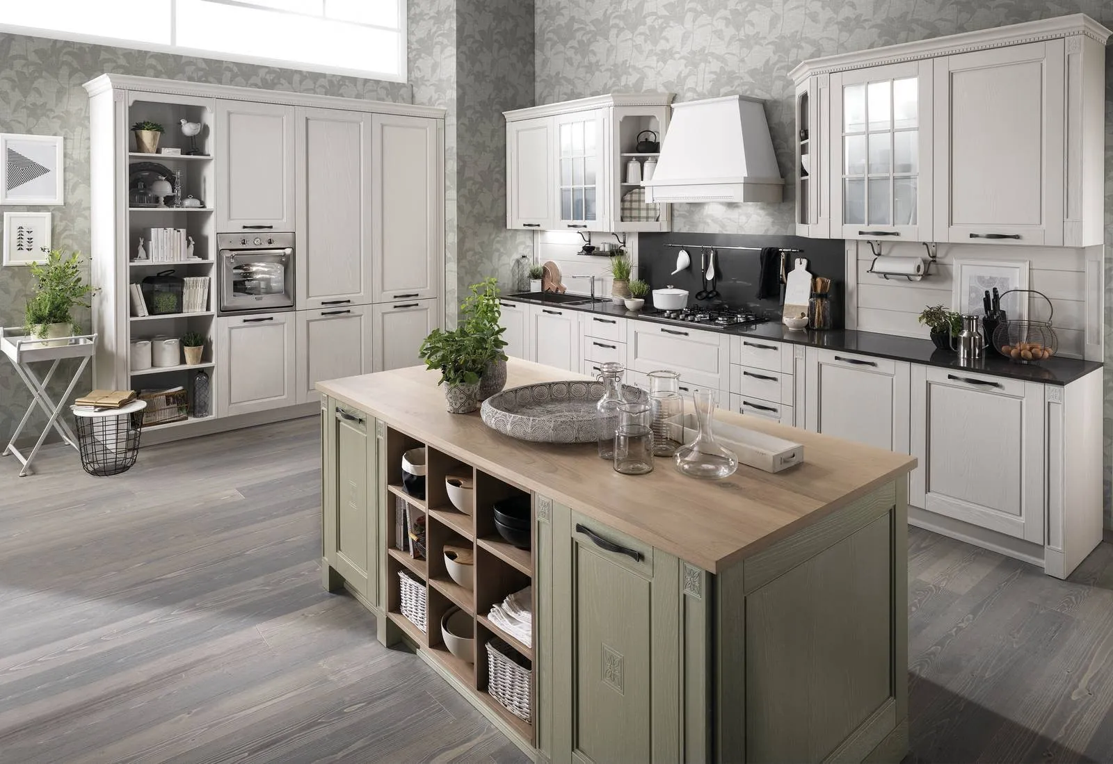 interno della cucina in stile rustico con stoviglie vintage e