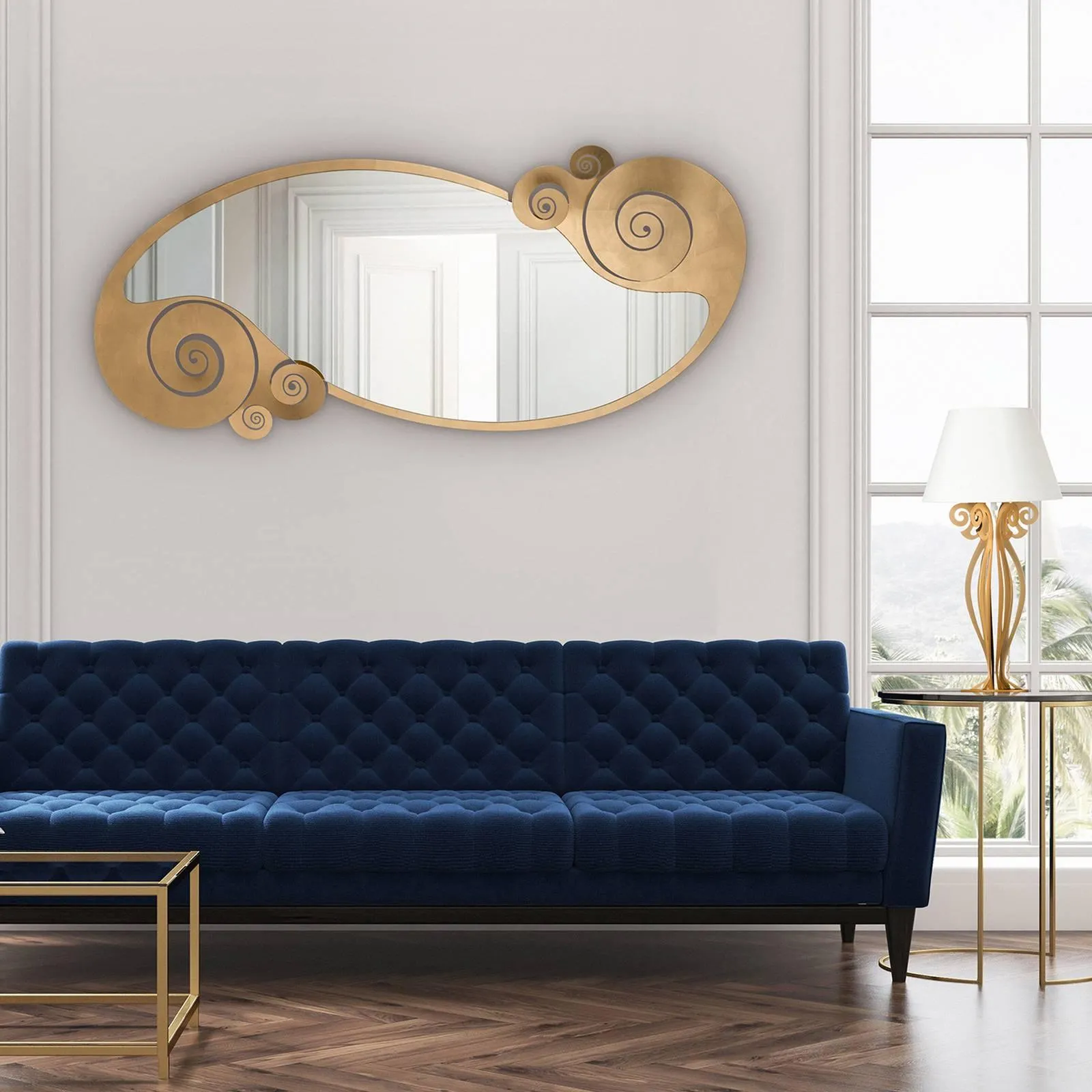 Specchio in stile contemporaneo moderno con cornice in pelle oro