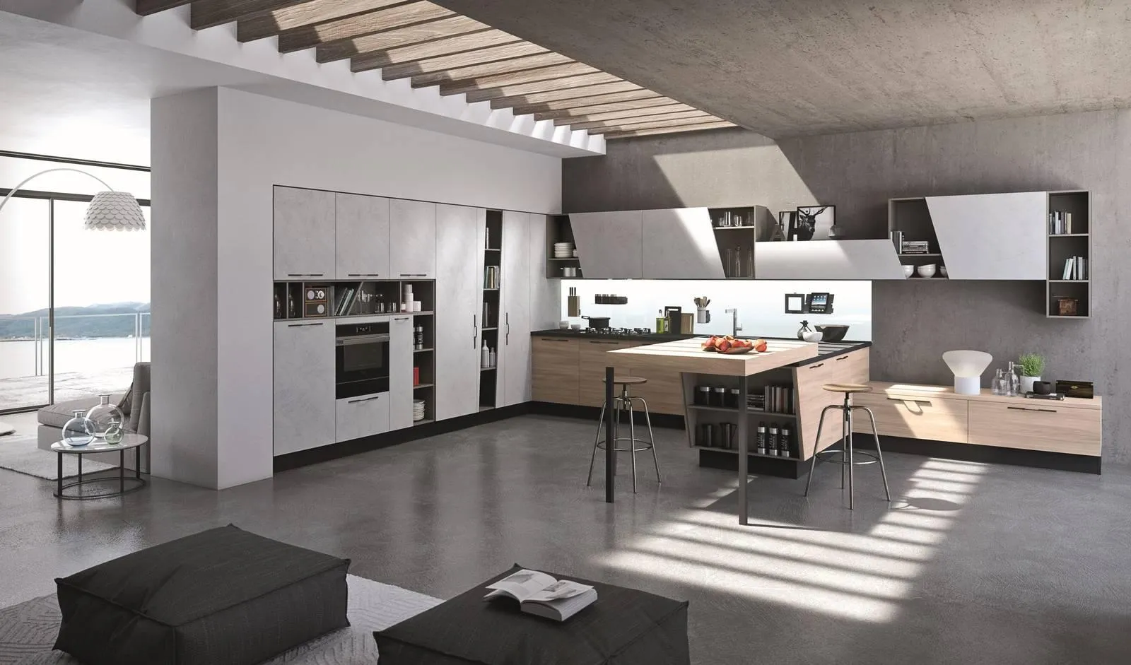 Cucina bianca di lusso moderna grande isola cucina con ripiani in marmo e  sgabelli da bar lampadari di lusso costosi elettrodomestici da cucina  finestre panoramiche